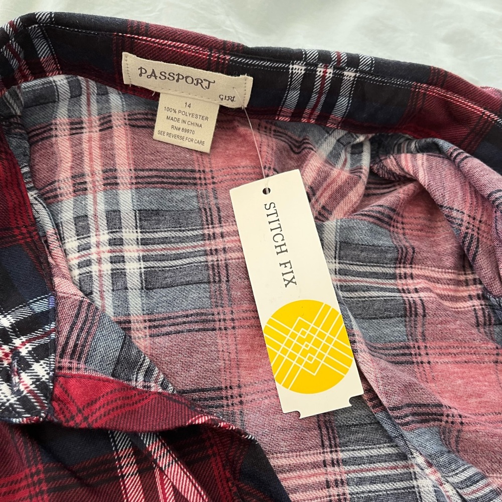NWT: burgundy & navy plaid passport button up shirt - Picture 4 of 7